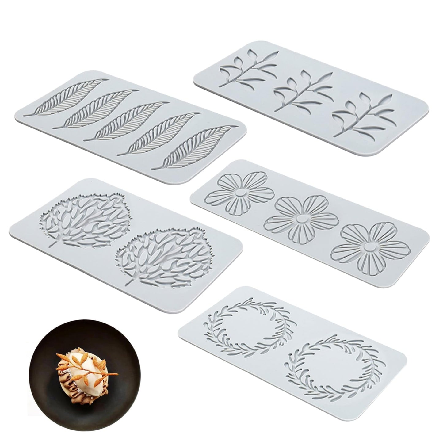 Leaf Silicone Mold|Tuille Molds 5PCS Leaf Silicone Mold in Different Shape 3D Hollow Leaves Shape Baking Molds No-Stick Pastry Molds for DIY Baking Fondant Chocolate Party Dessert Cake Decor
